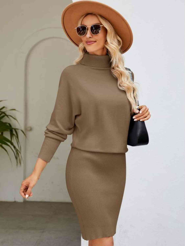 Turtle Neck Long Sleeve Ribbed Sweater Dress | 1mrk.com