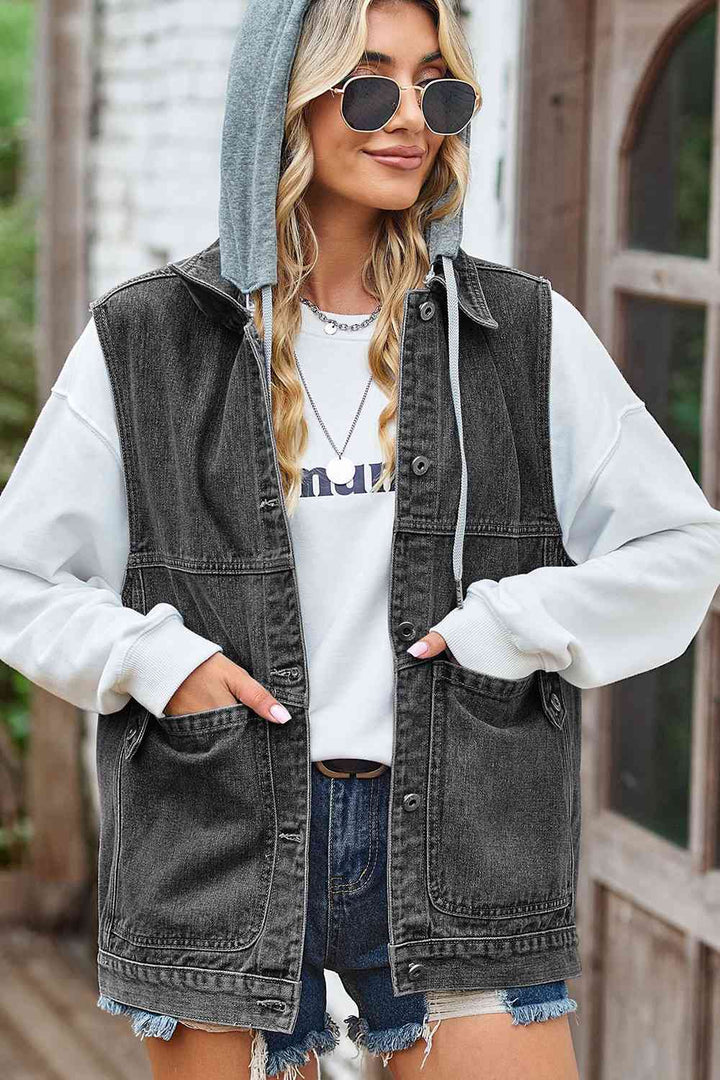 Sleeveless Hooded Denim Jacket with Pockets | 1mrk.com