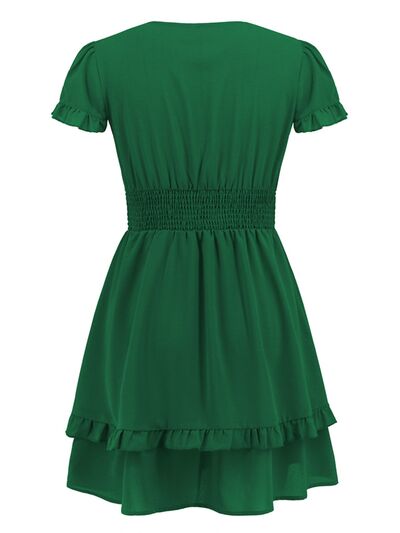 Tied V-Neck Tiered Mini Dress |1mrk.com