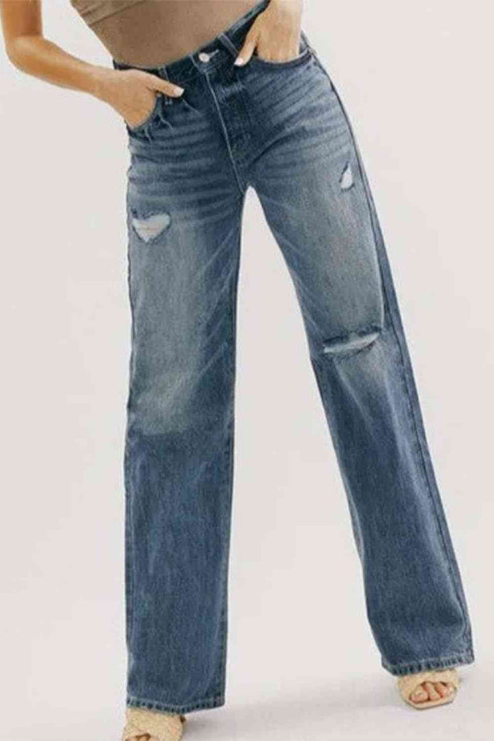 Buttoned Distressed Washed Jeans | 1mrk.com