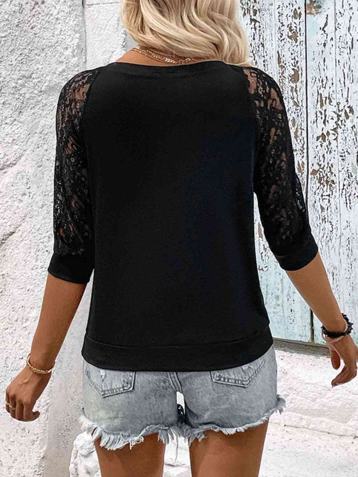 Double Take V-Neck Spliced Lace Raglan Sleeve Top | 1mrk.com