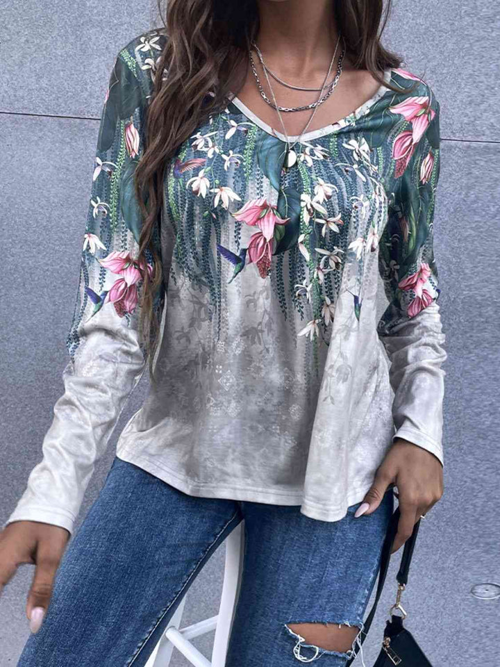 Floral V-Neck Long Sleeve Tee | 1mrk.com