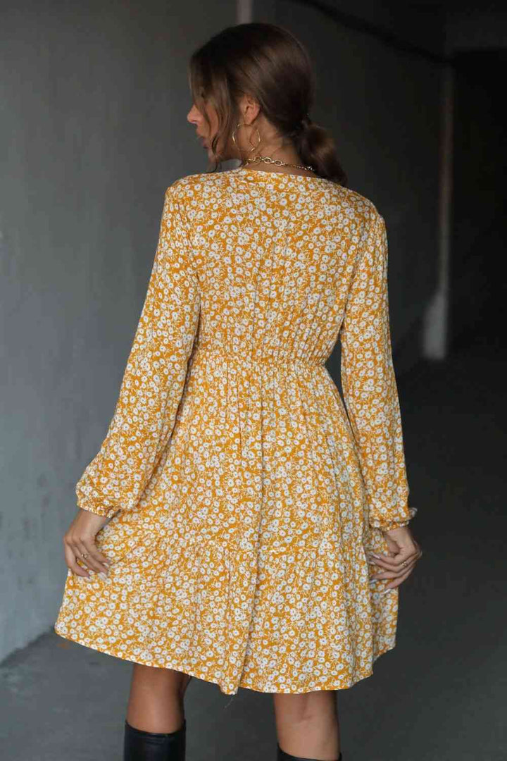 Floral Tie Neck Buttoned Balloon Sleeve Dress |1mrk.com