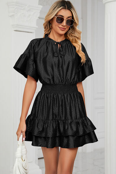 Smocked Tie Neck Flounce Sleeve Dress |1mrk.com