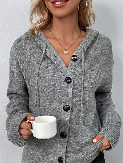 Drawstring Button Up Hooded Cardigan | Trendsi