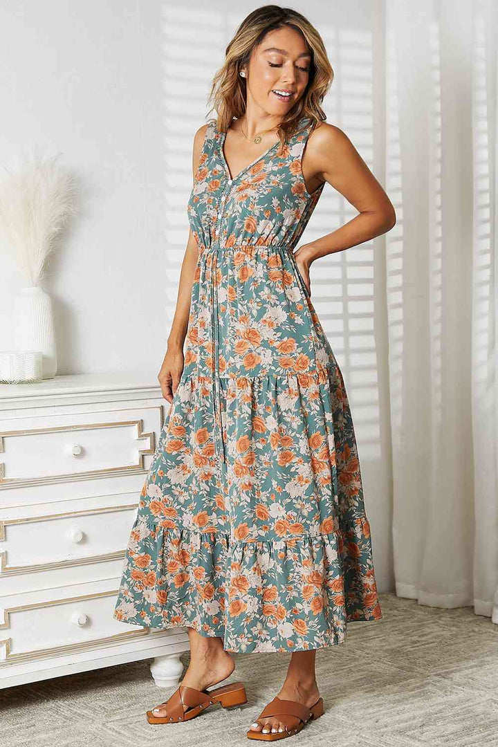 Double Take Floral V-Neck Tiered Sleeveless Dress | 1mrk.com