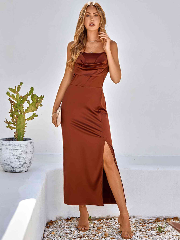 Pleated Detail Spaghetti Strap Slit Dress | 1mrk.com