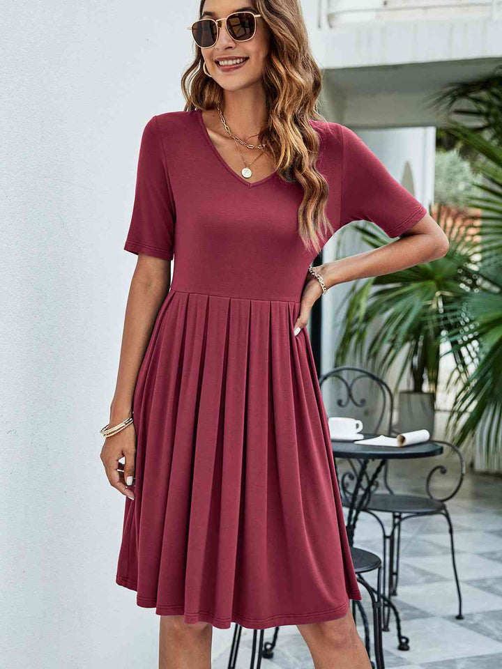 Pleated V-Neck Short Sleeve Tee Dress |1mrk.com