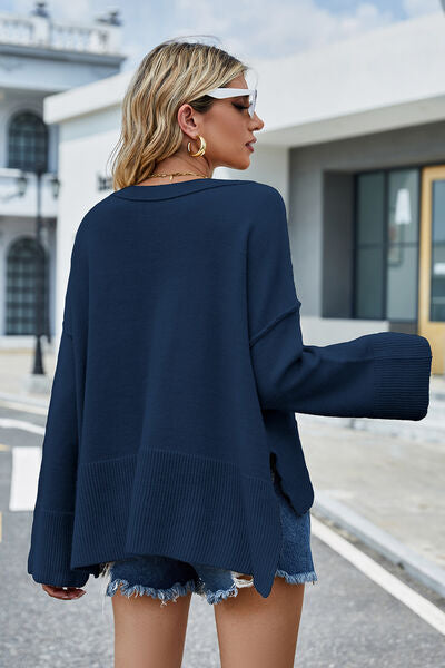 High-Low Slit Round Neck Long Sleeve Sweater | Trendsi