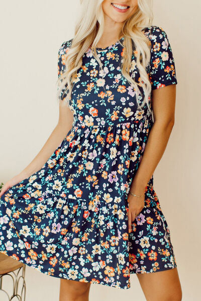 Floral Round Neck Short Sleeve Mini Dress |1mrk.com