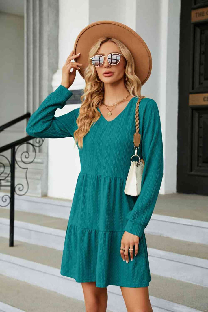 V-Neck Long Sleeve Mini Dress |1mrk.com