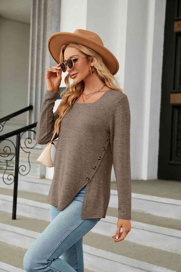 Square Neck Long Sleeve Slit T-Shirt | 1mrk.com