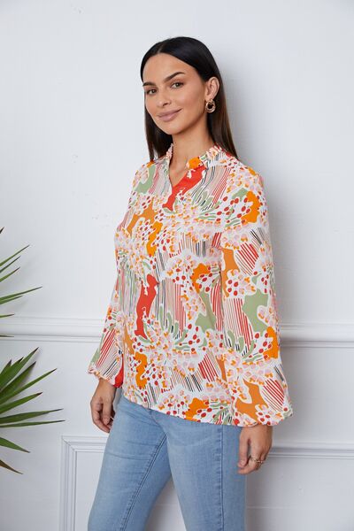 Floral Frill Notched Long Sleeve Blouse | 1mrk.com