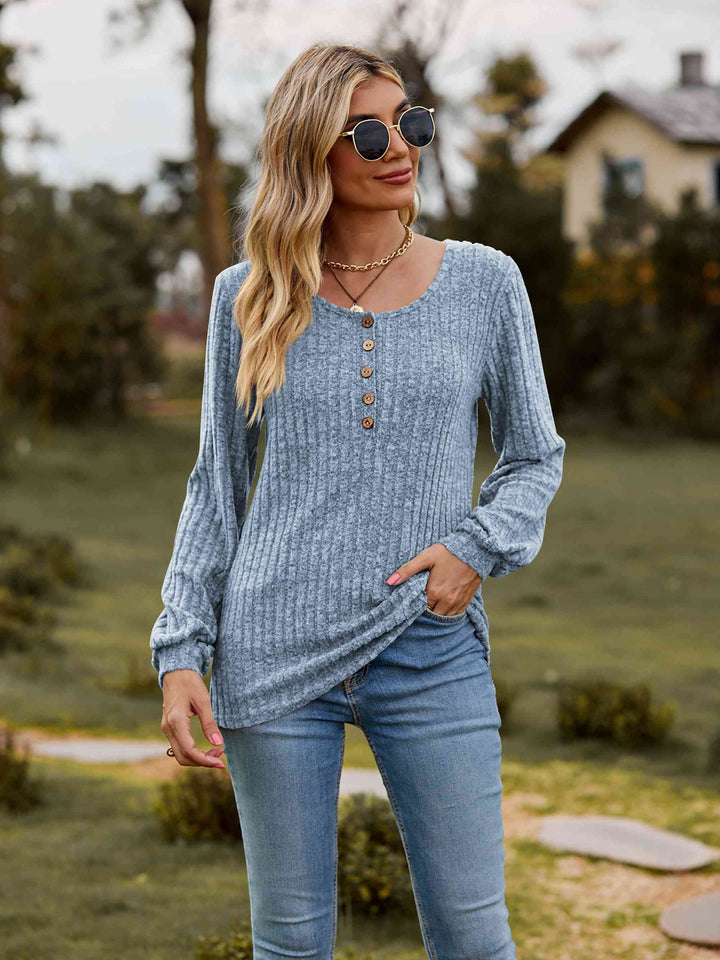 Round Neck Button-Down Long Sleeve Tee | 1mrk.com