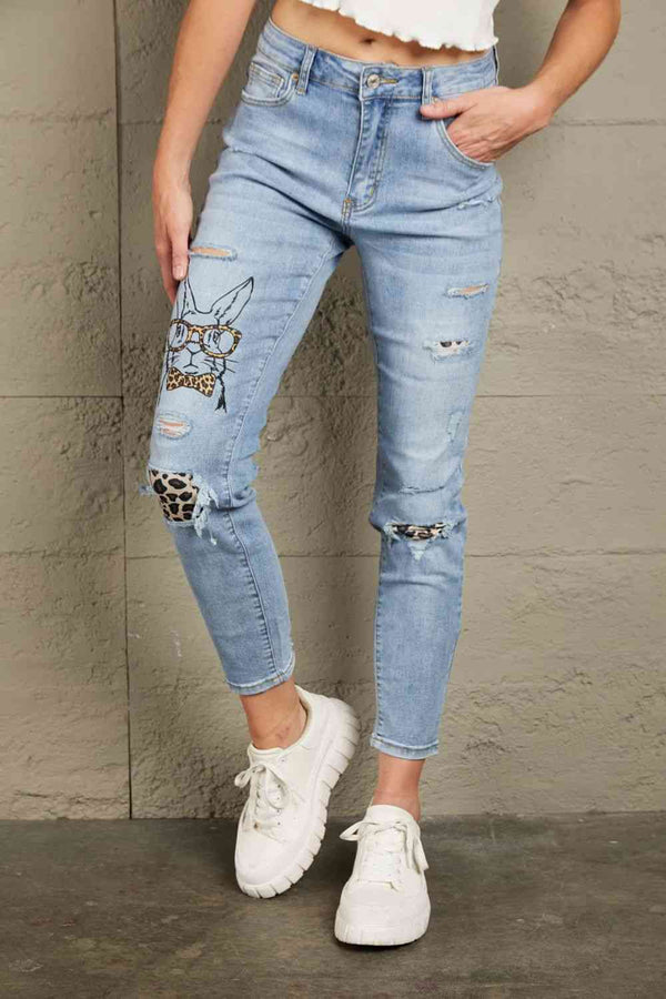 Baeful Easter Leopard Patch Bunny Graphic Jeans | 1mrk.com