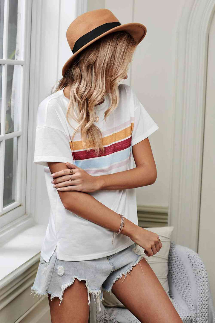 Striped Dropped Shoulder Round Neck Tee | 1mrk.com