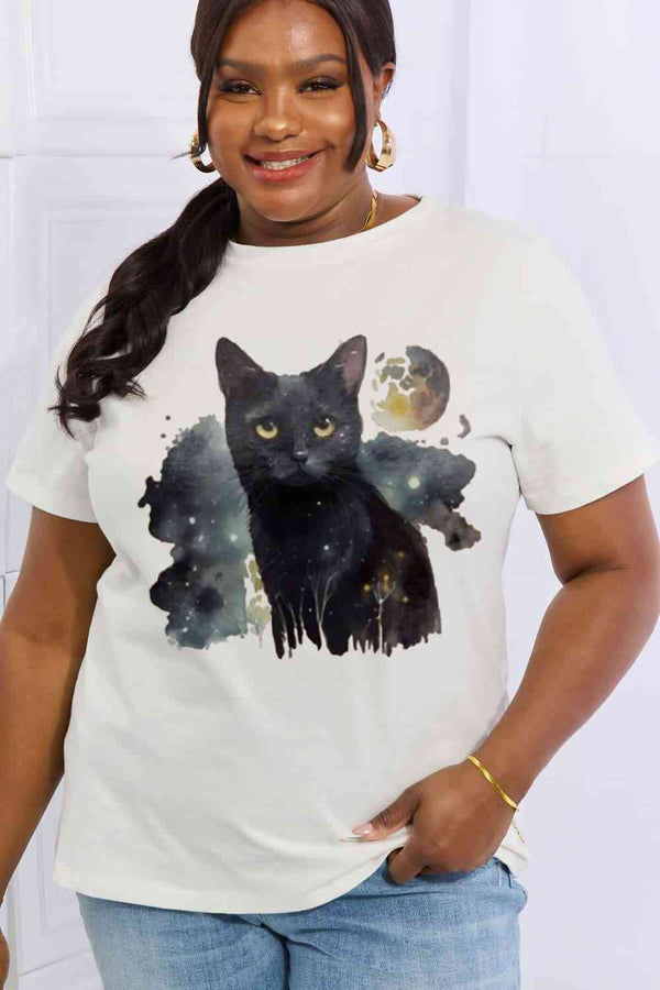 Simply Love Full Size Black Cat Graphic Cotton Tee | 1mrk.com