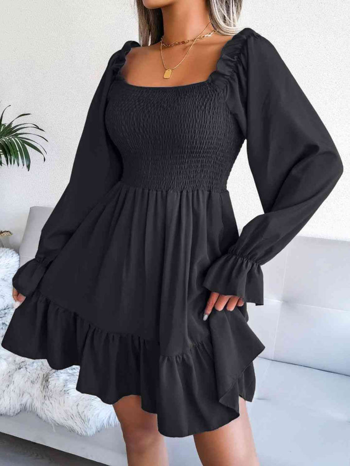 Smocked Flounce Sleeve Square Neck Dress |1mrk.com