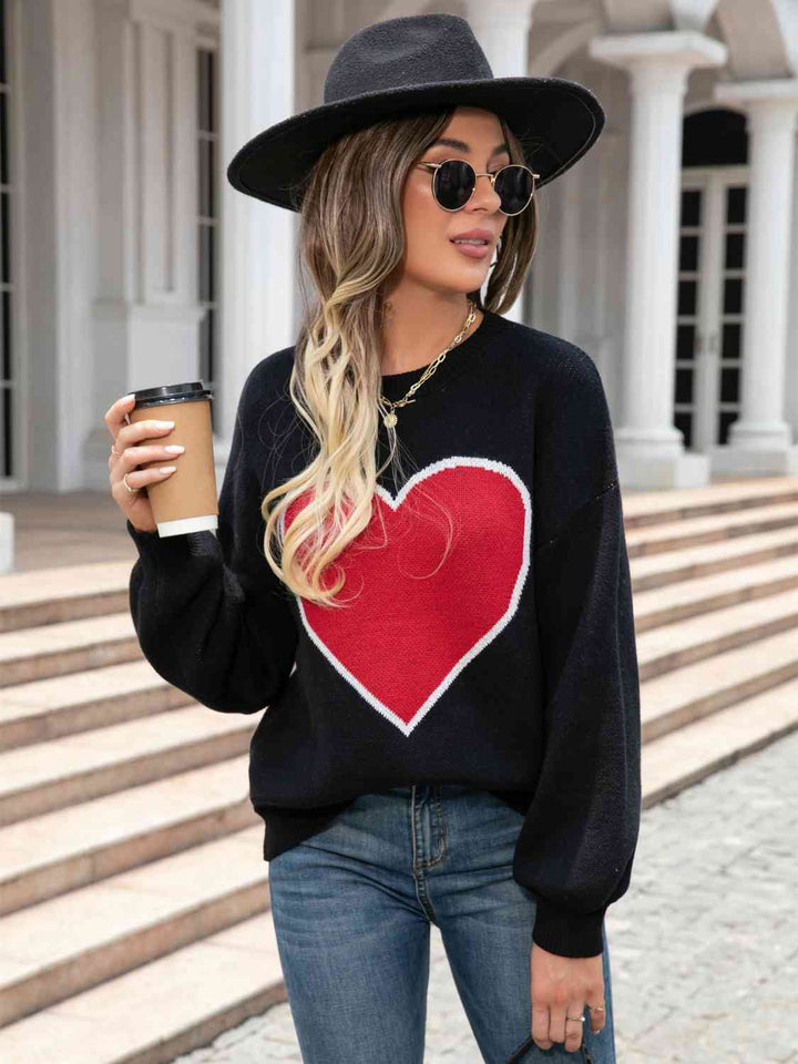 Heart Graphic Round Neck Sweater |1mrk.com