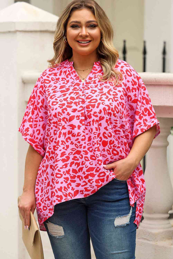 Plus Size Printed Notched Neck Half Sleeve Top | 1mrk.com