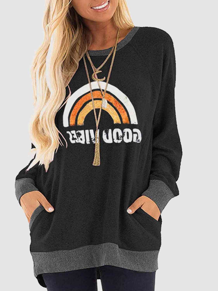 Rainbow Graphic Round Neck Sweatshirt with Pockets |1mrk.com