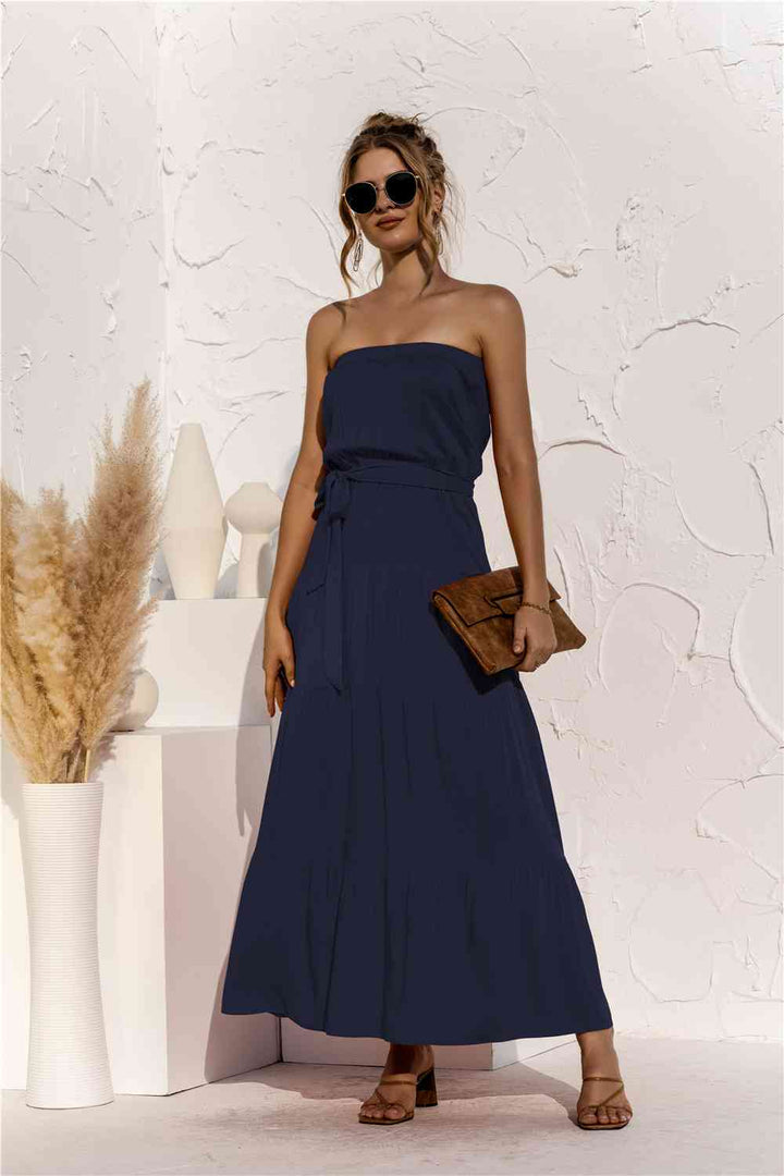 Strapless Tie Waist Tiered Maxi Dress |1mrk.com