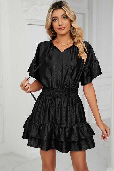 Smocked Tie Neck Flounce Sleeve Dress |1mrk.com