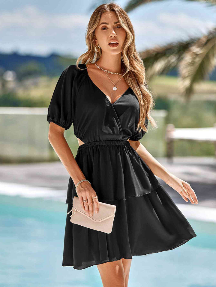 Cutout Balloon Sleeve Layered Dress |1mrk.com