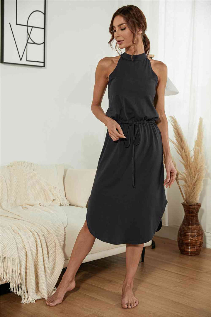 Drawstring Open Back Slit Sleeveless Dress |1mrk.com