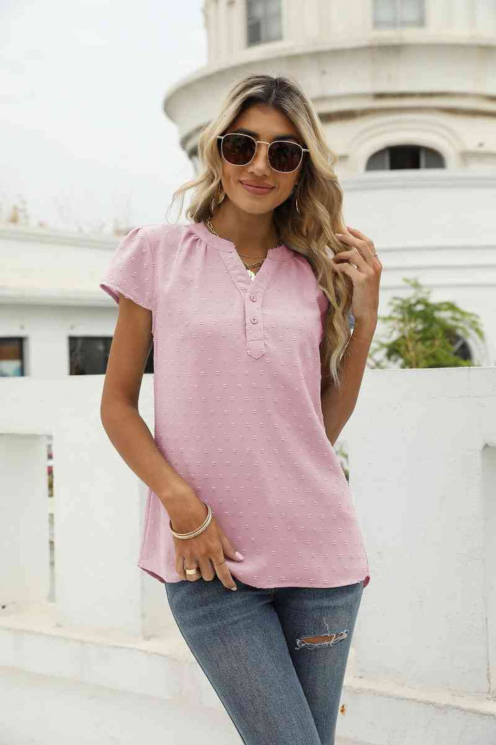 Swiss Dot Notched Neck Short Sleeve Top | 1mrk.com