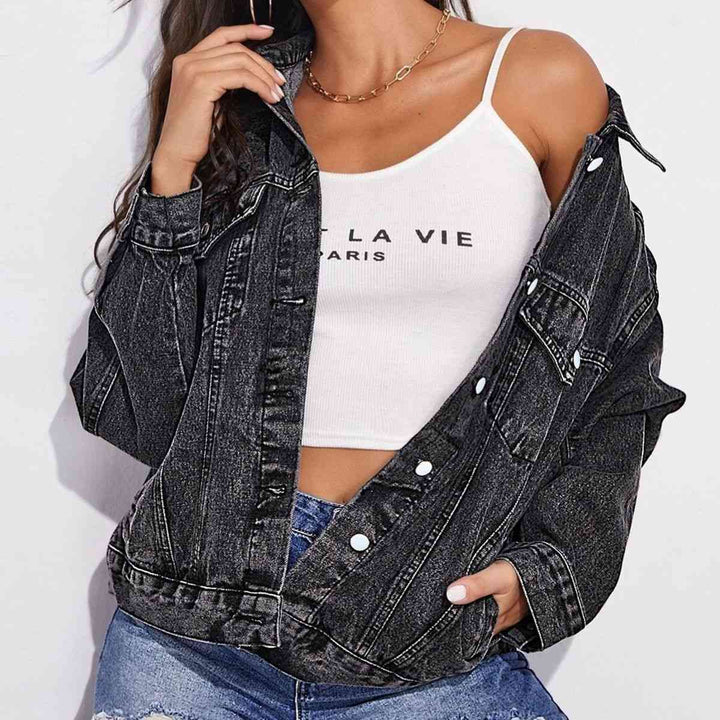 Collared Neck Dropped Shoulder Button-Down Denim Jacket | 1mrk.com