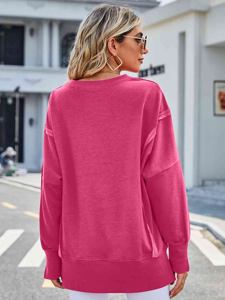 Exposed Seam High-Low Round Neck Sweatshirt |1mrk.com