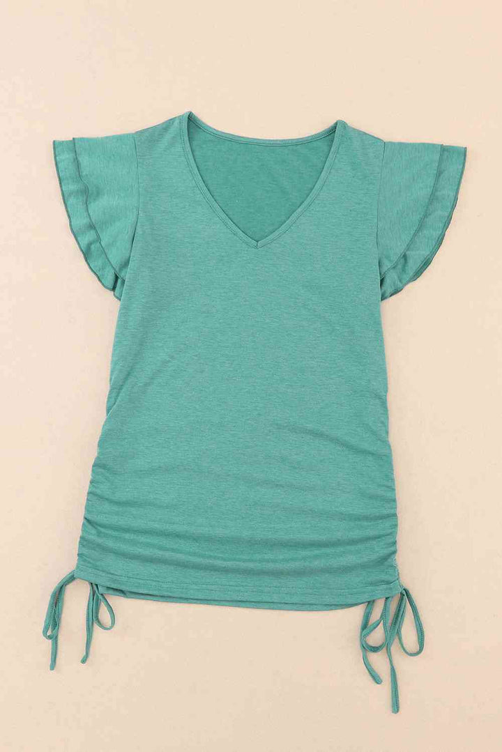 V-Neck Drawstring Layered Flutter Sleeve Tee | 1mrk.com