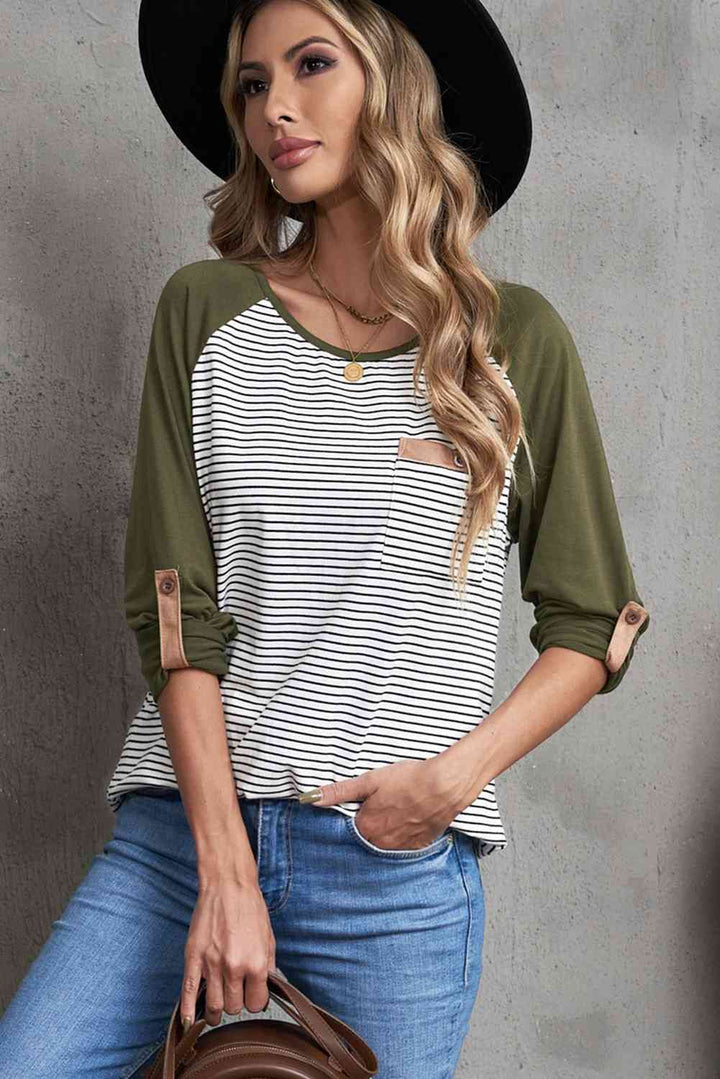 Striped Color Block Roll-Tab Sleeve Top | 1mrk.com