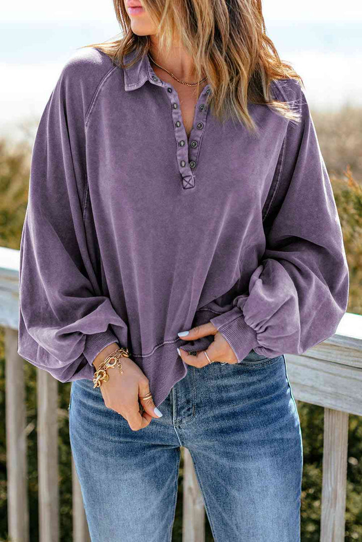 Quarter-Snap Collared Lantern Sleeve Sweatshirt |1mrk.com