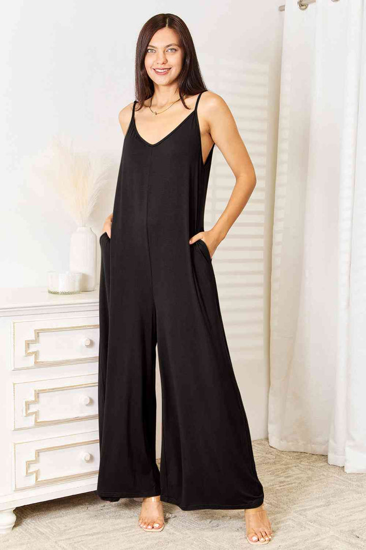 Double Take Full Size Soft Rayon Spaghetti Strap Tied Wide Leg Jumpsuit | 1mrk.com