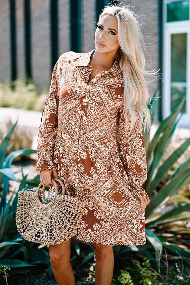 Printed Flounce Sleeve Shirt Dress |1mrk.com