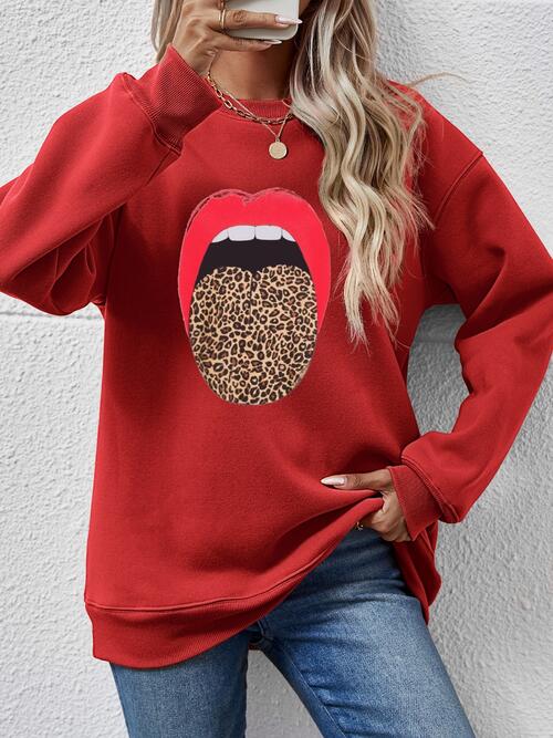 Leopard Lip Graphic Round Neck Sweatshirt |1mrk.com