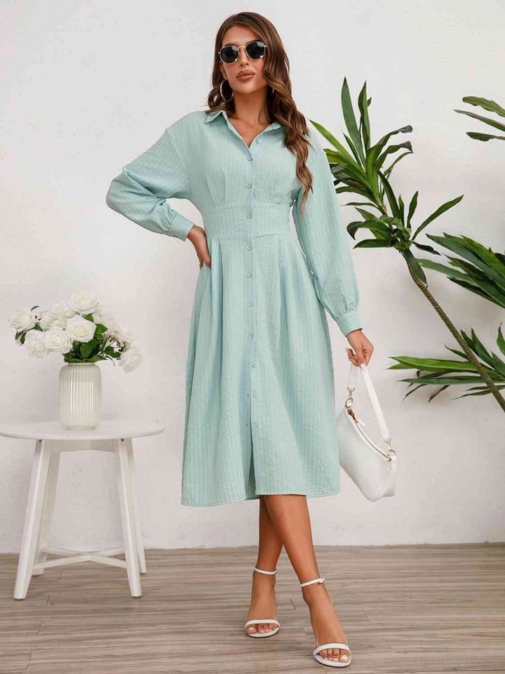 Long Sleeve Midi Shirt Dress |1mrk.com