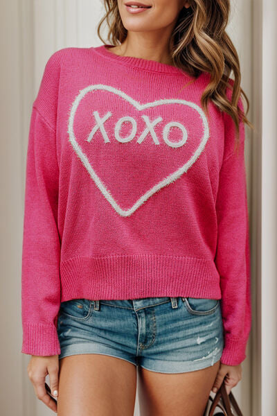 XOXO Heart Round Neck Dropped Shoulder Sweater |1mrk.com