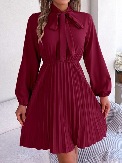 Tie Neck Balloon Sleeve Pleated Dress |1mrk.com