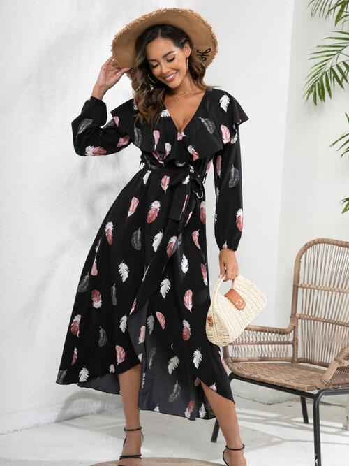 Printed Tie Front Ruffle Trim Long Sleeve Dress |1mrk.com