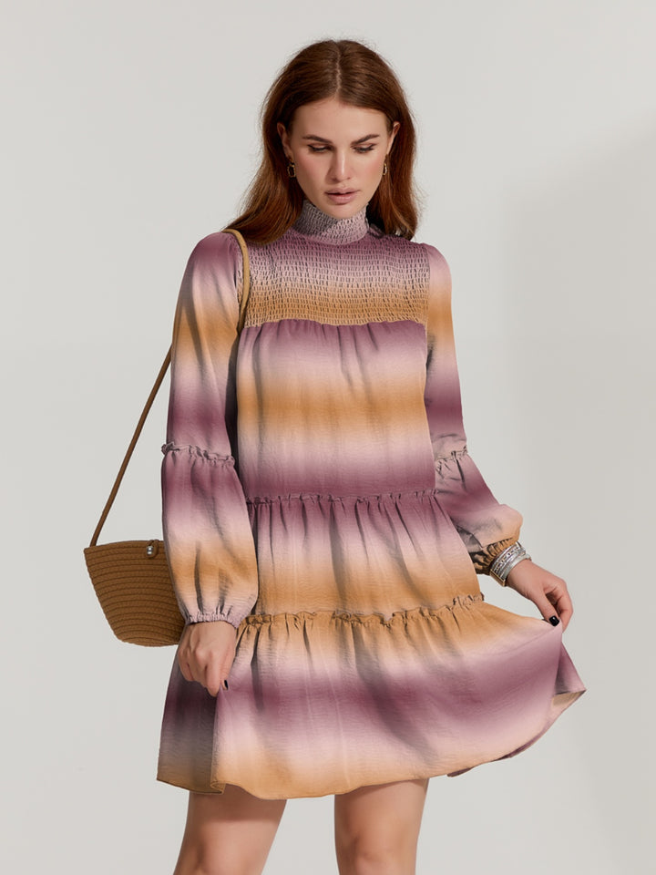 Frill Smocked Turtleneck Balloon Sleeve Mini Dress | Trendsi