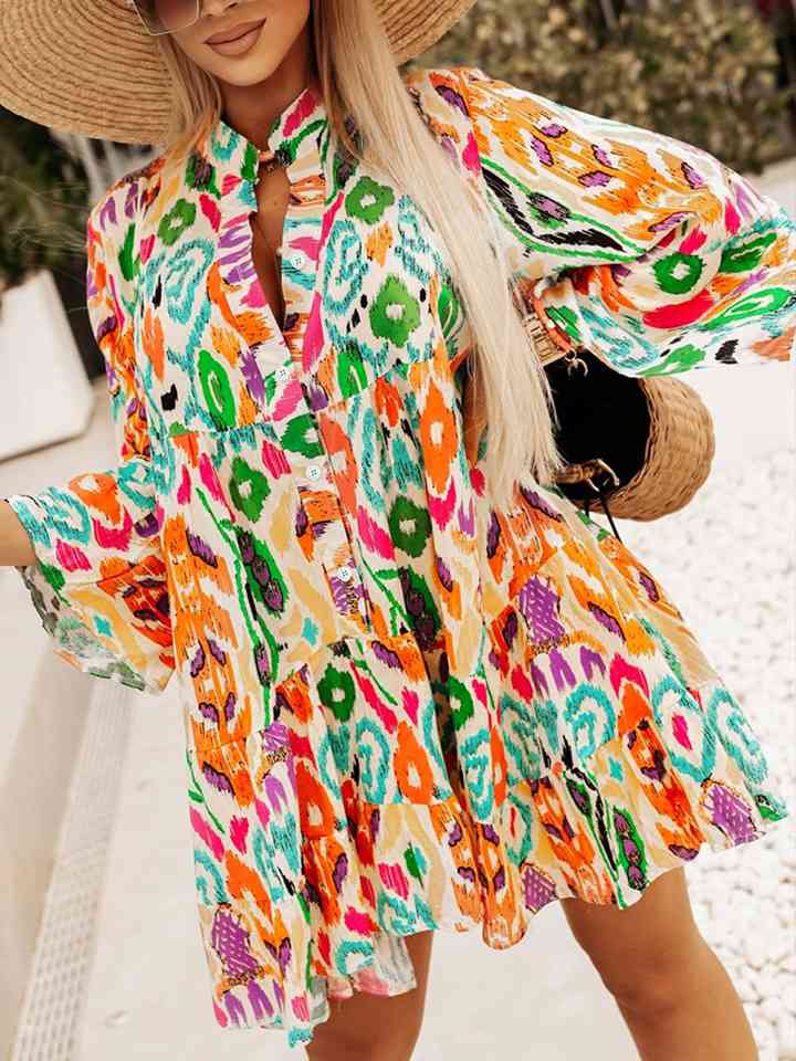 Printed Buttoned Long Sleeve Dress |1mrk.com