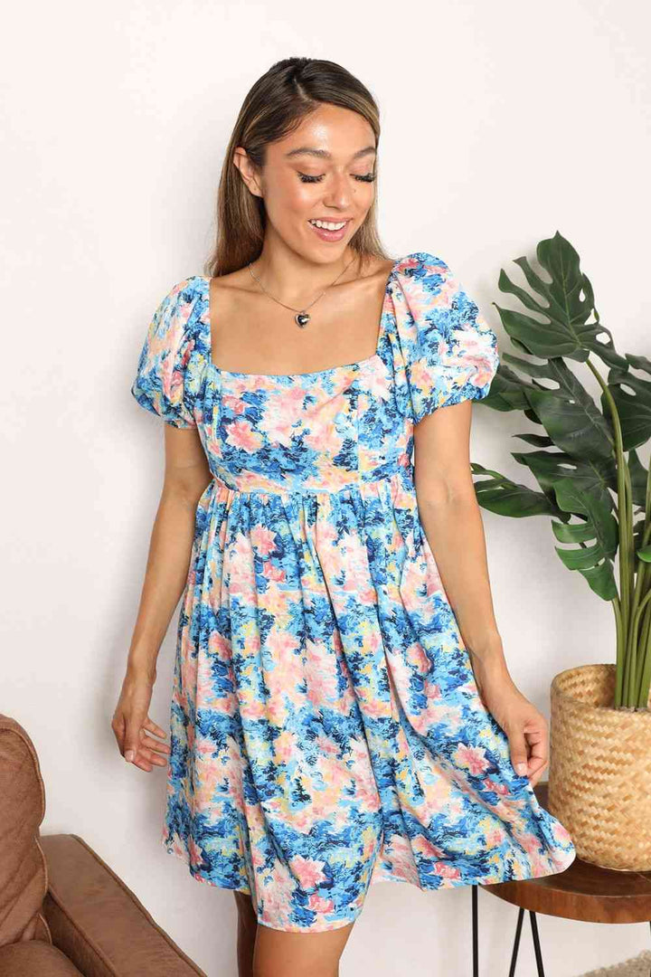 Double Take Floral Square Neck Puff Sleeve Dress | 1mrk.com