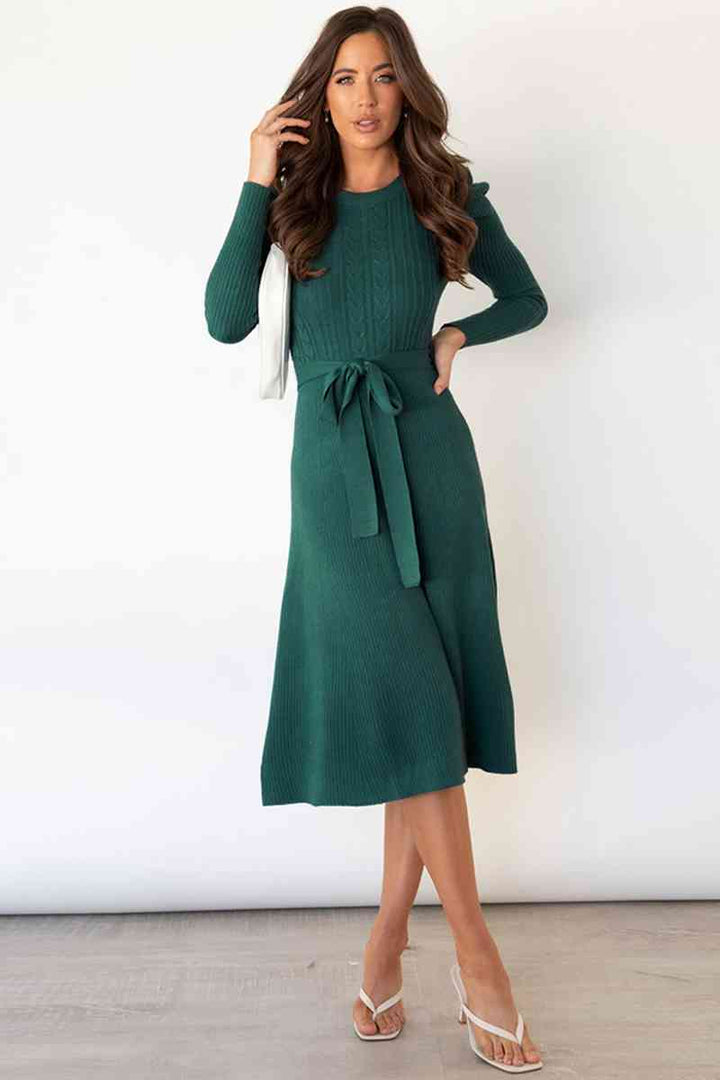 Round Neck Long Sleeve Tie Waist Sweater Dress | 1mrk.com