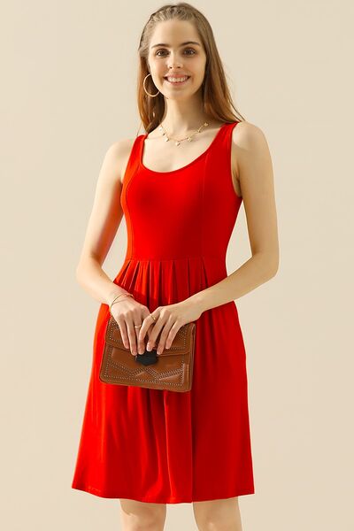 Doublju Full Size Round Neck Ruched Sleeveless Dress with Pockets |1mrk.com