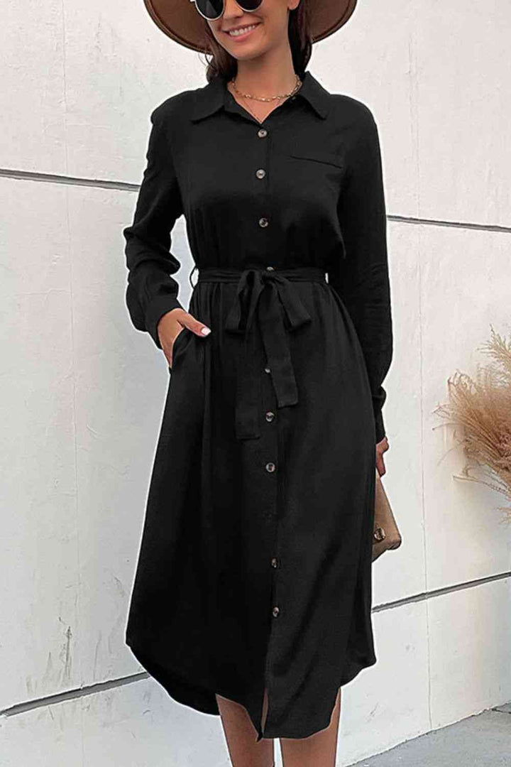 Curved Hem Belted Long Sleeve Shirt Dress |1mrk.com