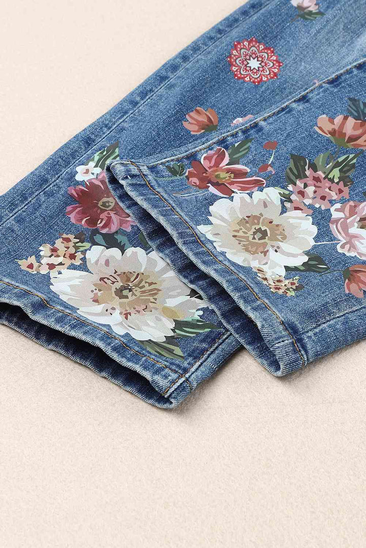 Floral Graphic Patchwork Distressed Jeans | 1mrk.com