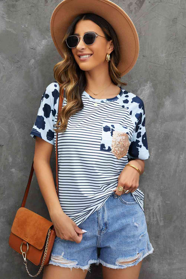 Mixed Print Sequin Pocket T-Shirt | 1mrk.com